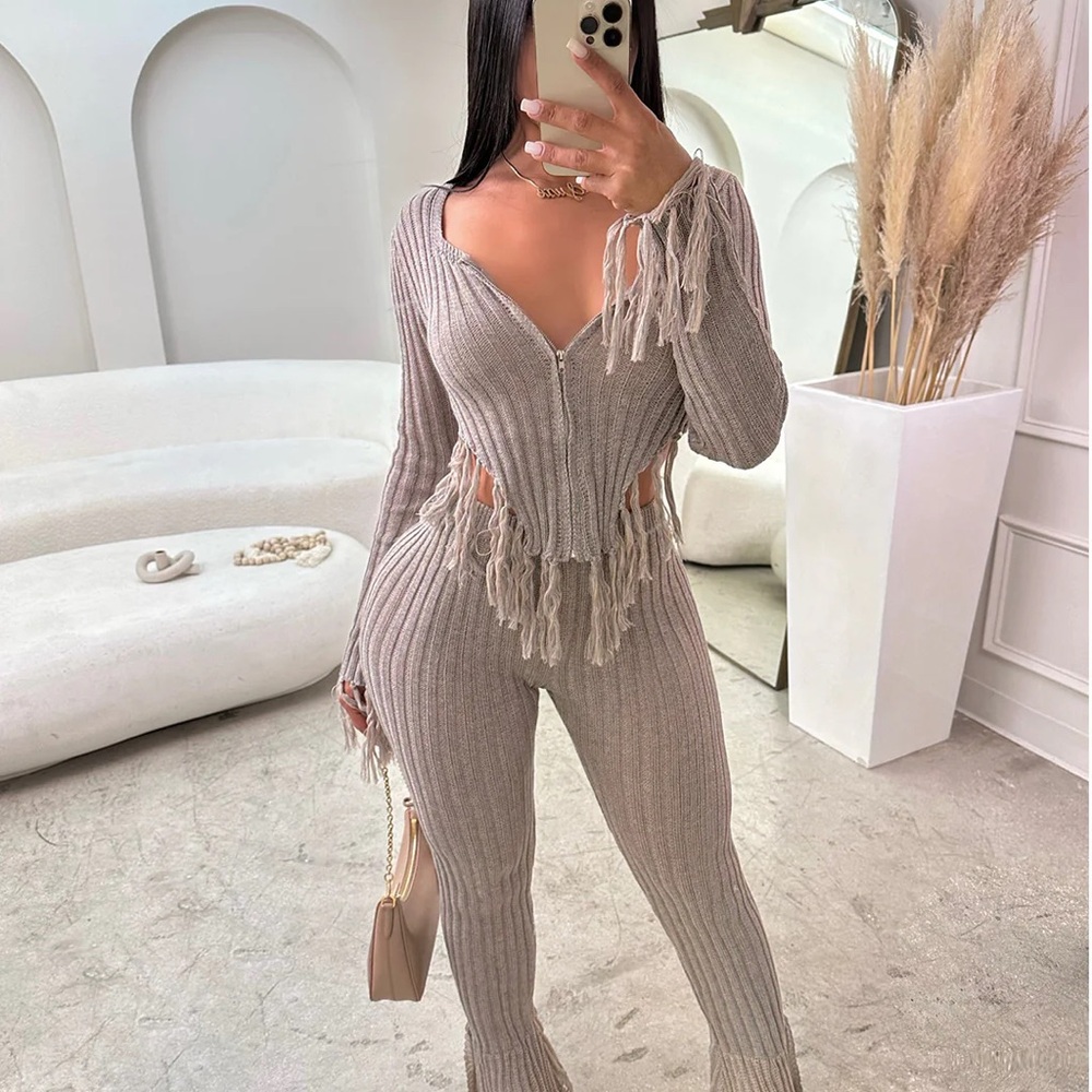 Cream Ribbed Knit Jumpsuit with V-Neckline